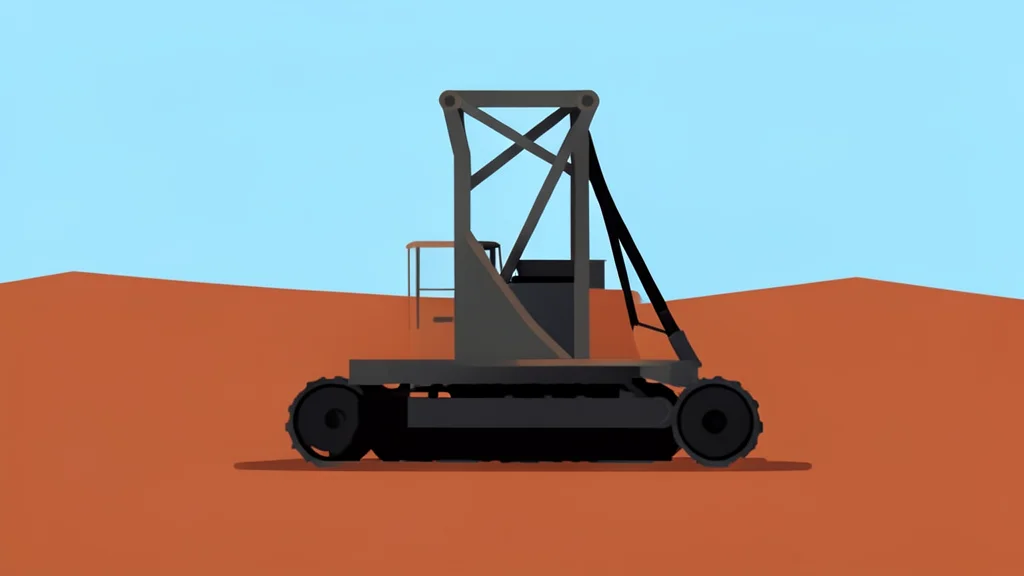 A diamond drill rig standing on dry, reddish earth in a semi-arid landscape
