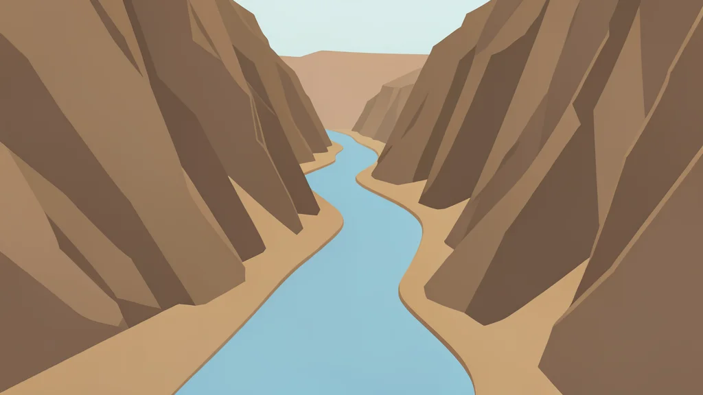 A narrow, winding waterway cutting through a rugged, arid landscape with steep rocky cliffs on either side.
