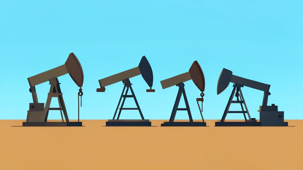 A row of industrial oil pumpjacks operating in a flat, arid landscape under a clear sky