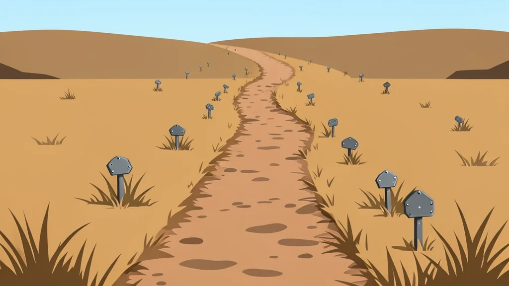 A narrow dirt path winding through a dry, grassy field scattered with small, unmarked metal markers indicating hidden dangers