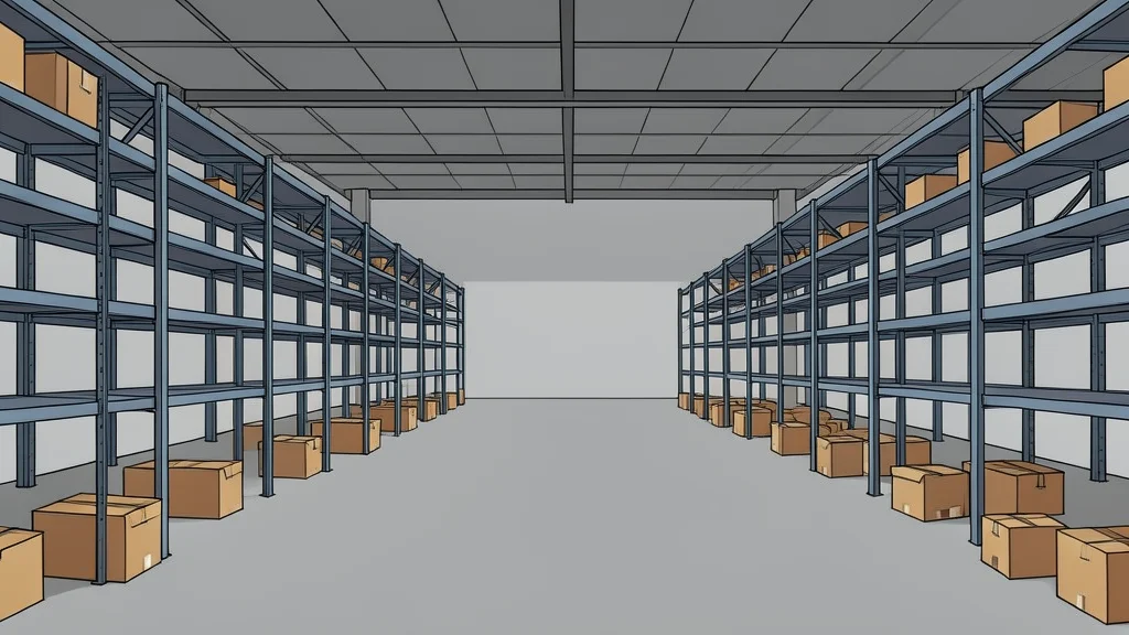 A large, empty industrial warehouse interior with rows of empty metal shelving units and scattered cardboard boxes on the concrete floor