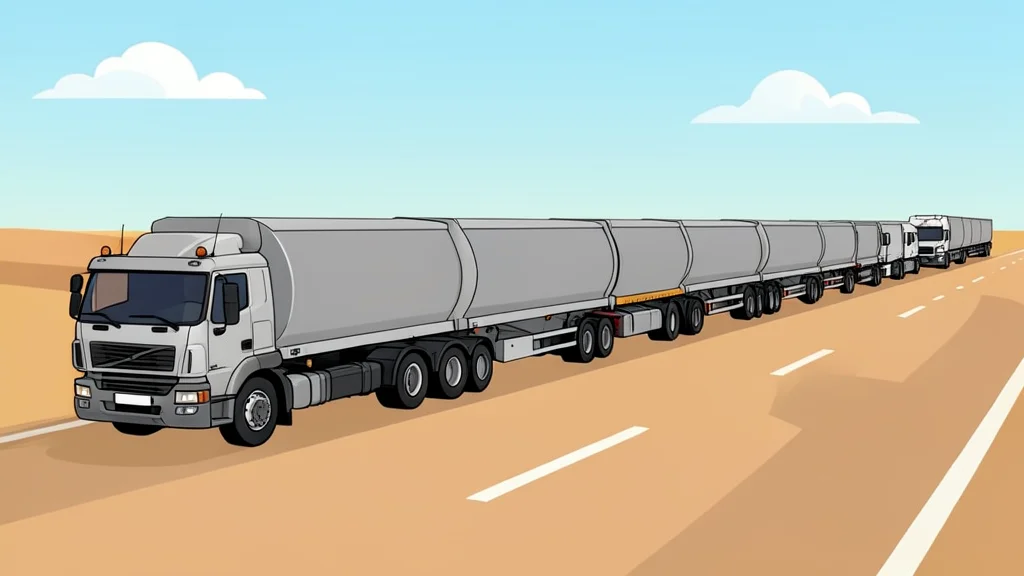 A long line of heavy-duty tanker trucks parked on a dusty highway