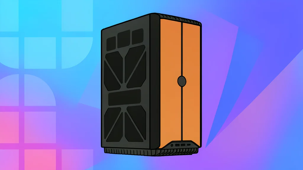 A compact computer tower with a wooden front panel and a single vertical light strip