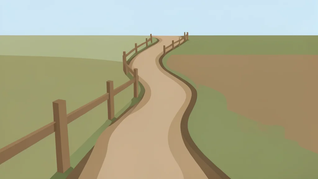 A winding dirt path separates two distinct agricultural fields with a simple wooden fence running along the boundary line.