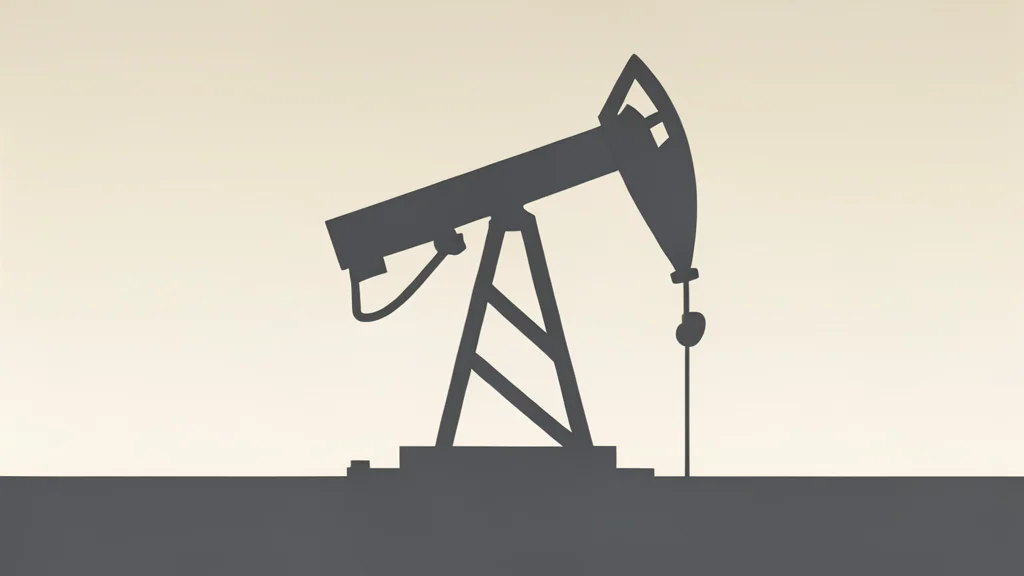 A silhouette of a crude oil pumpjack against a hazy horizon