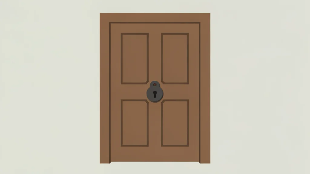A closed wooden door secured with a heavy iron lock