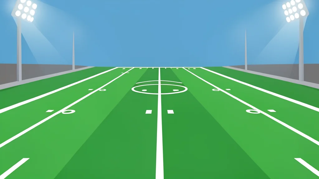 A green football field with white yard lines stretching into the distance under stadium lights
