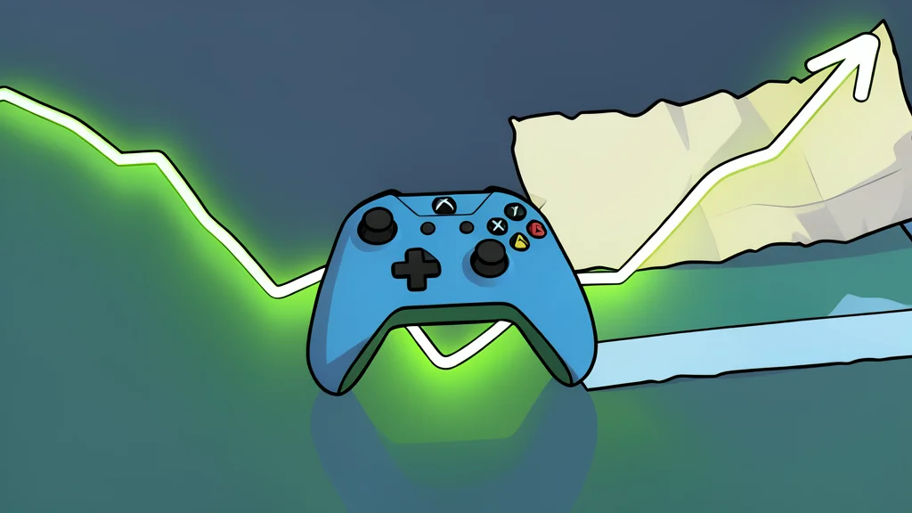 A white game controller resting on a dark wooden desk next to a closed laptop