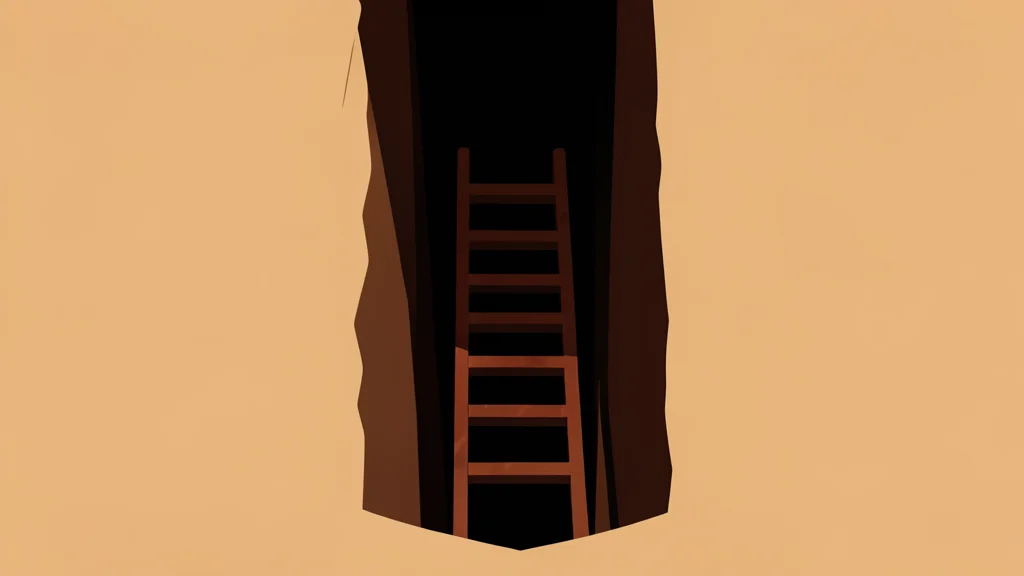 A dark, narrow shaft in sandy earth with a rusted metal ladder descending into the shadows