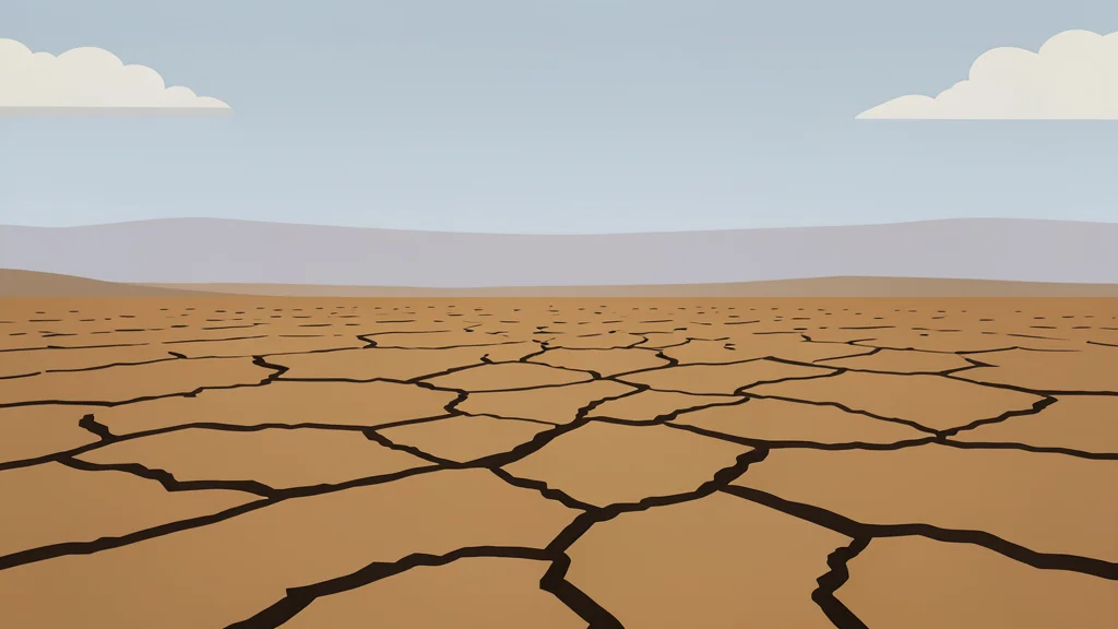 A dusty, cracked earth landscape stretching toward a distant horizon under a hazy sky