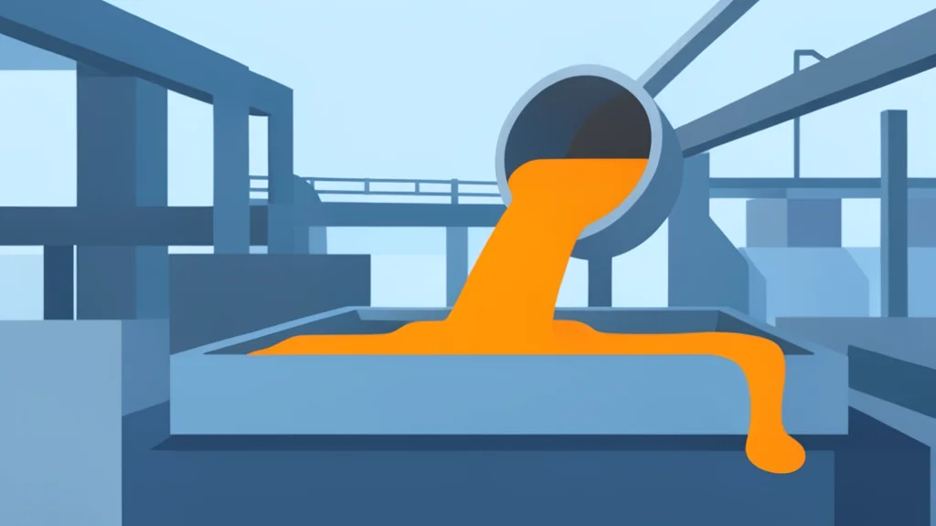 A large industrial foundry with molten metal pouring into molds