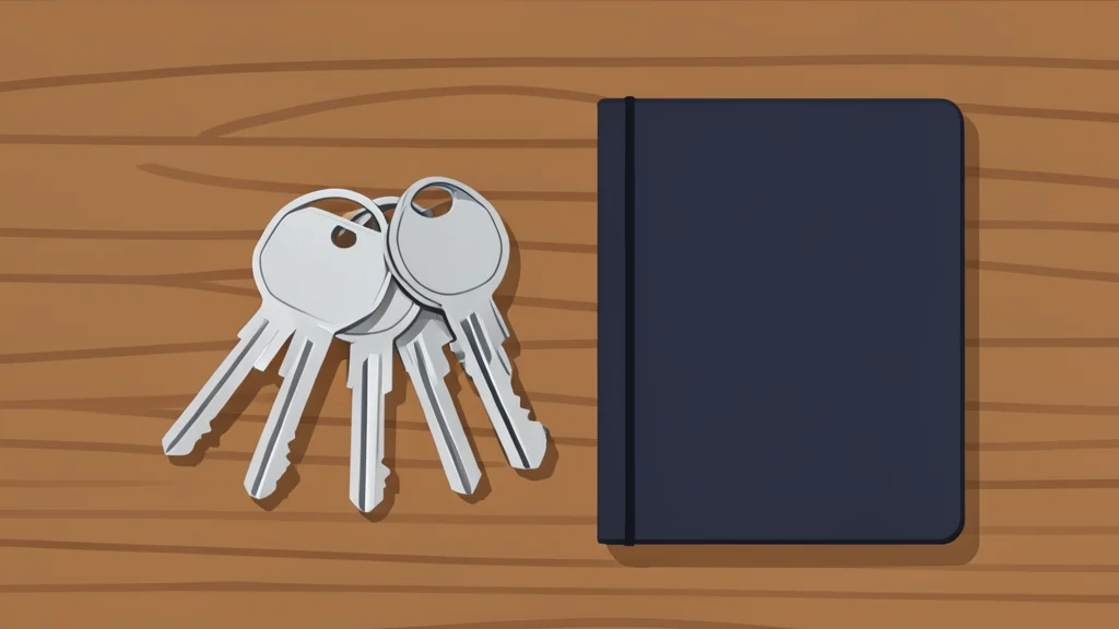 A set of house keys resting on a wooden table next to a closed notebook