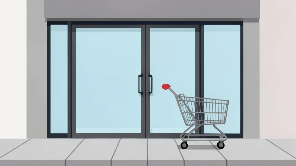 A retail store entrance with glass doors and a shopping cart parked outside