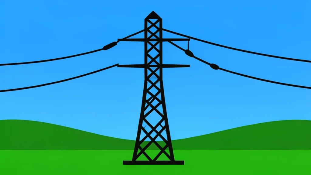 A high-voltage electrical transmission tower standing in a rural landscape