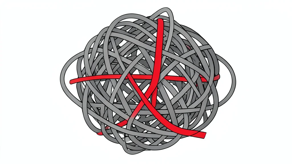 A tangled ball of grey telephone wires and a single red cord