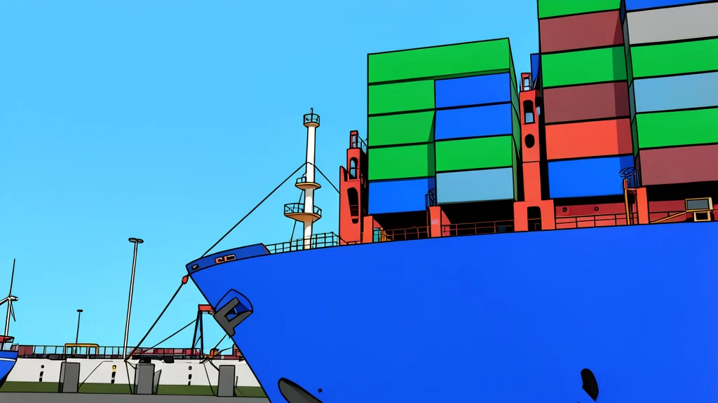 A large container ship docked at a modern port terminal with cranes in the background