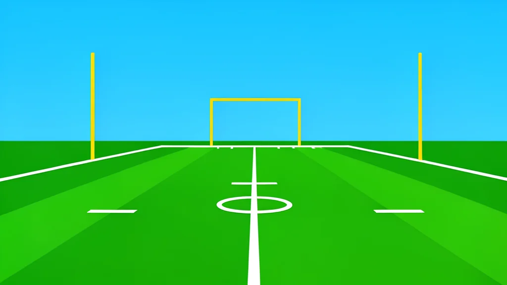 A flat vector illustration of a football field with white yard lines and distant goalposts under a clear sky.