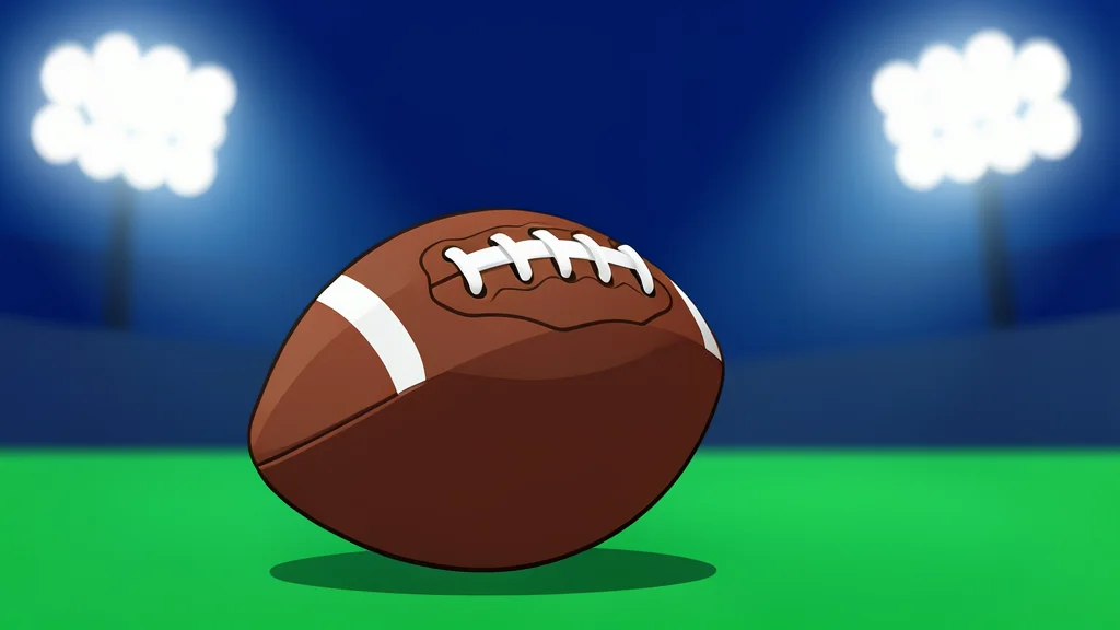 A football resting on green grass under stadium lights