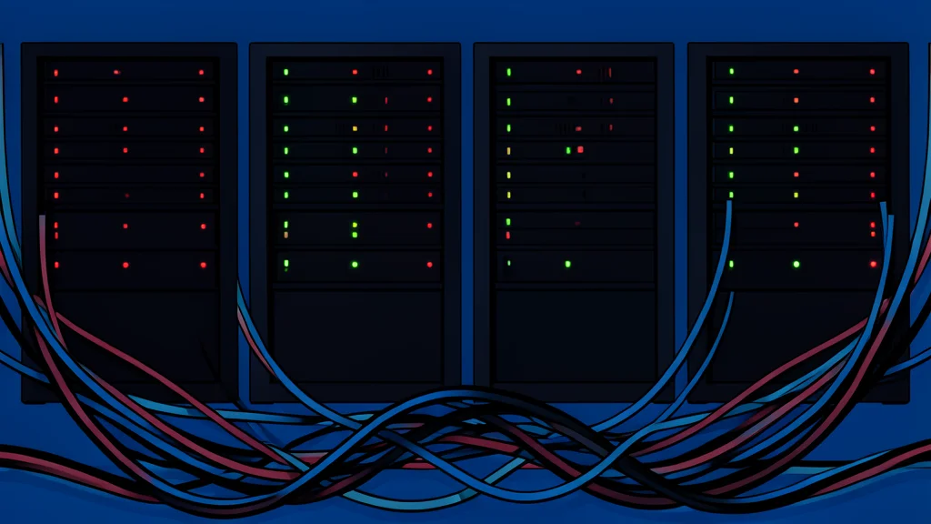 A dark server room with rows of blinking lights and tangled cables