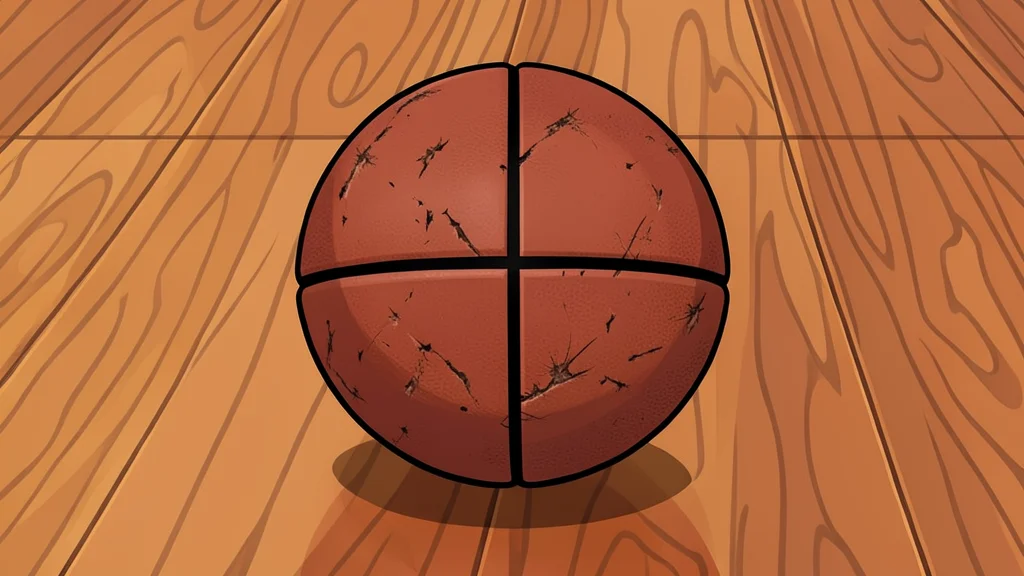 A basketball resting on a polished hardwood court floor