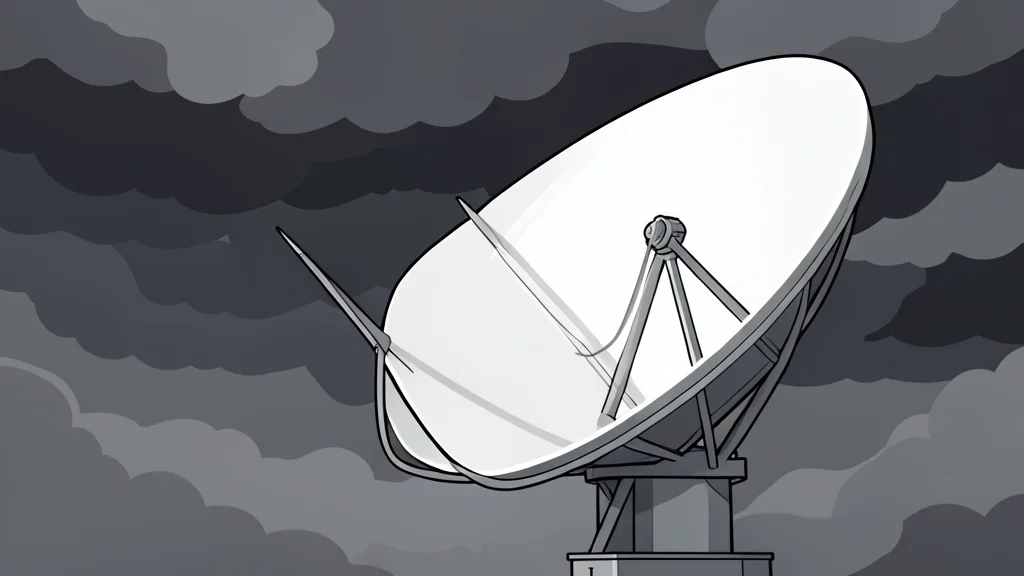 A network of radar dishes and satellite antennas on a hillside overlooking a calm sea horizon