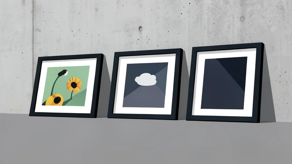 A row of framed photographs leaning against a concrete wall