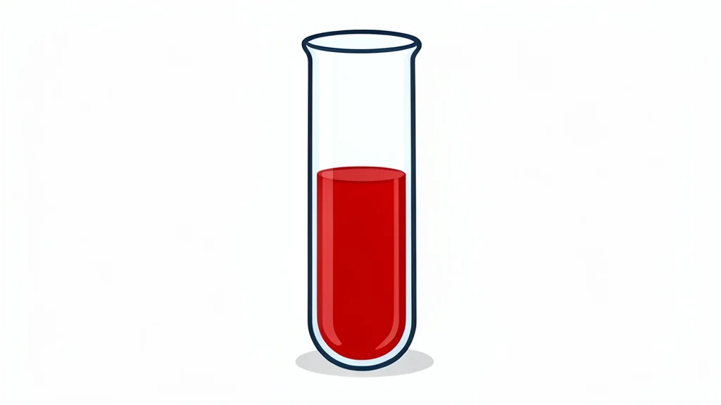A glass vial containing a small sample of red liquid resting on a white laboratory bench