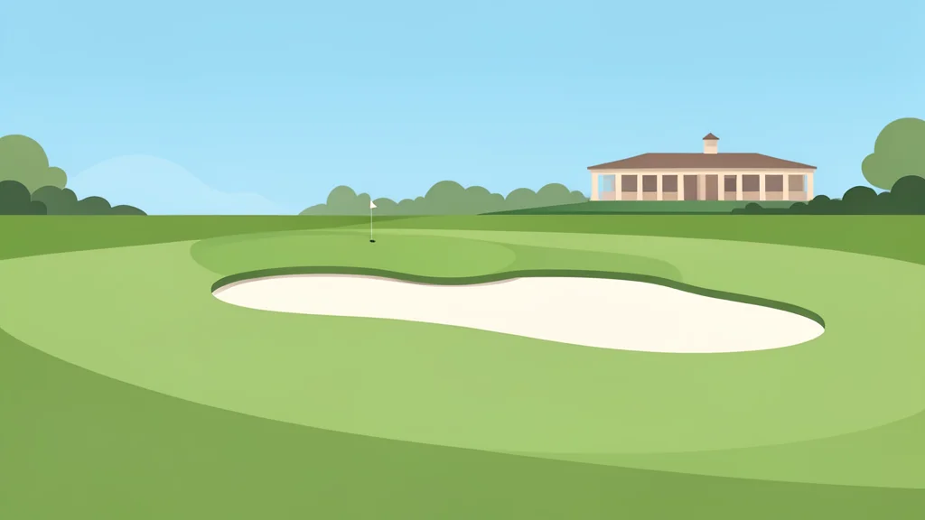 A manicured golf course fairway with a sand bunker and a distant clubhouse