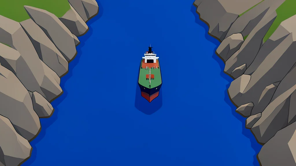 A large oil tanker navigating a narrow strait between rocky coastlines under a clear sky