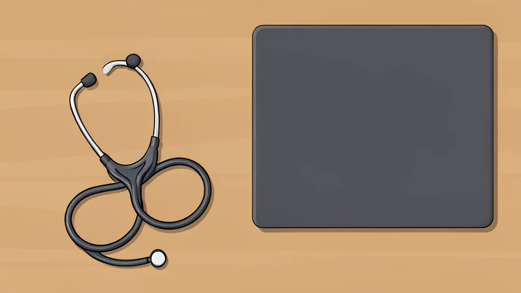 A stethoscope resting on a wooden desk next to a closed laptop