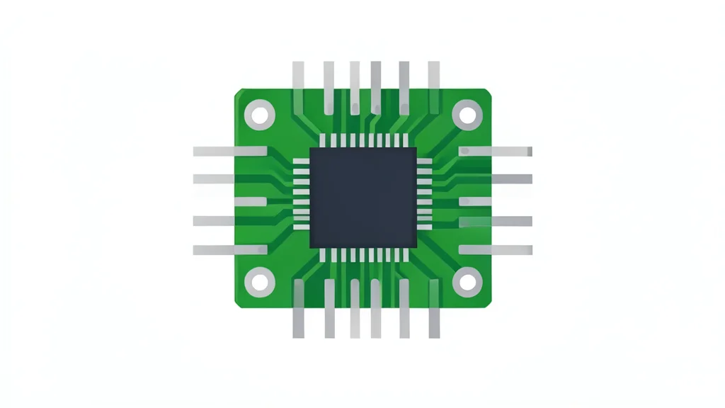 A small green circuit board with a microchip and metal pins