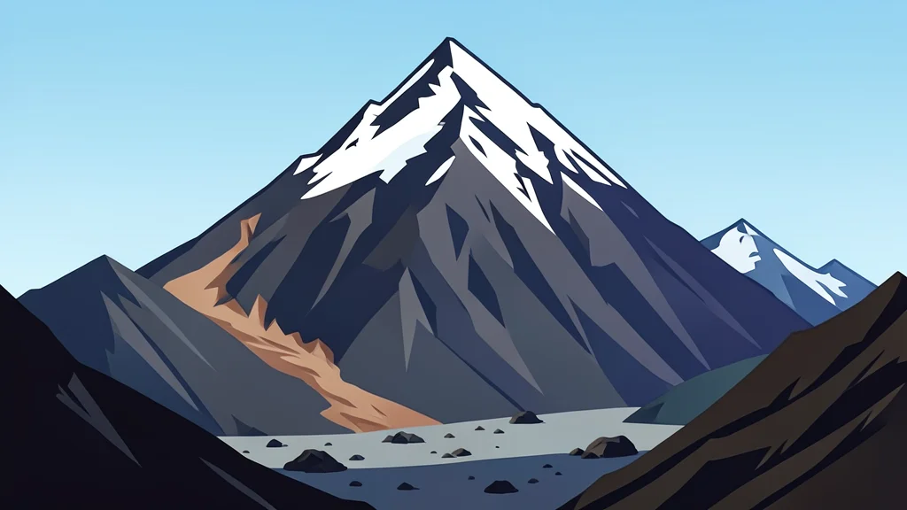 A steep, snow-capped mountain peak with a visible landslide scar on its slope, overlooking a valley with scattered debris.