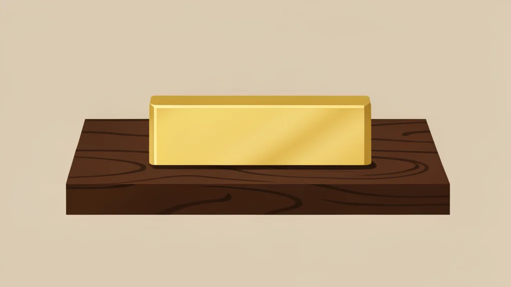 A polished gold bar resting on a dark wooden desk