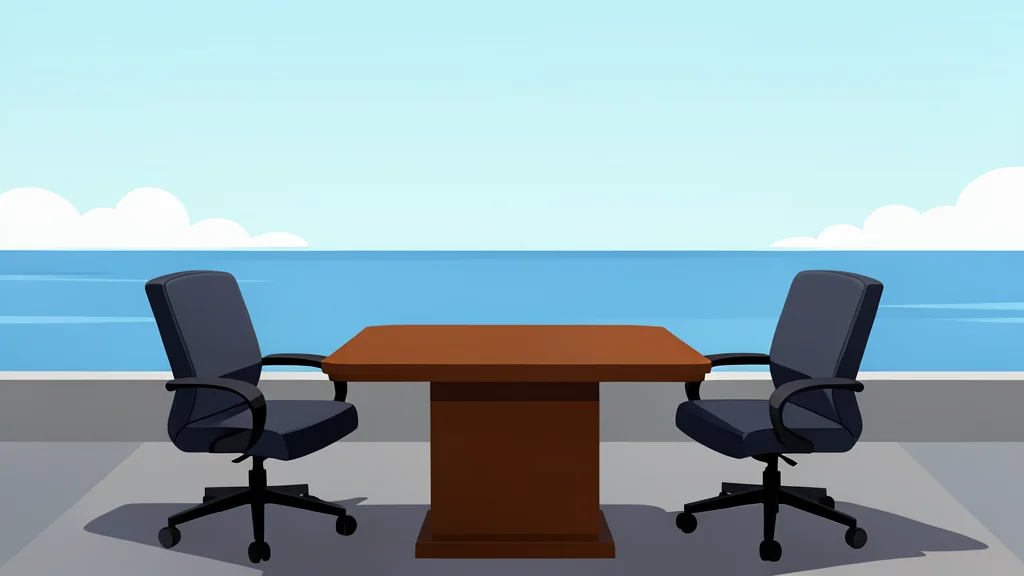 A diplomatic meeting room with two chairs facing each other across a table, set against a backdrop of a calm ocean horizon.