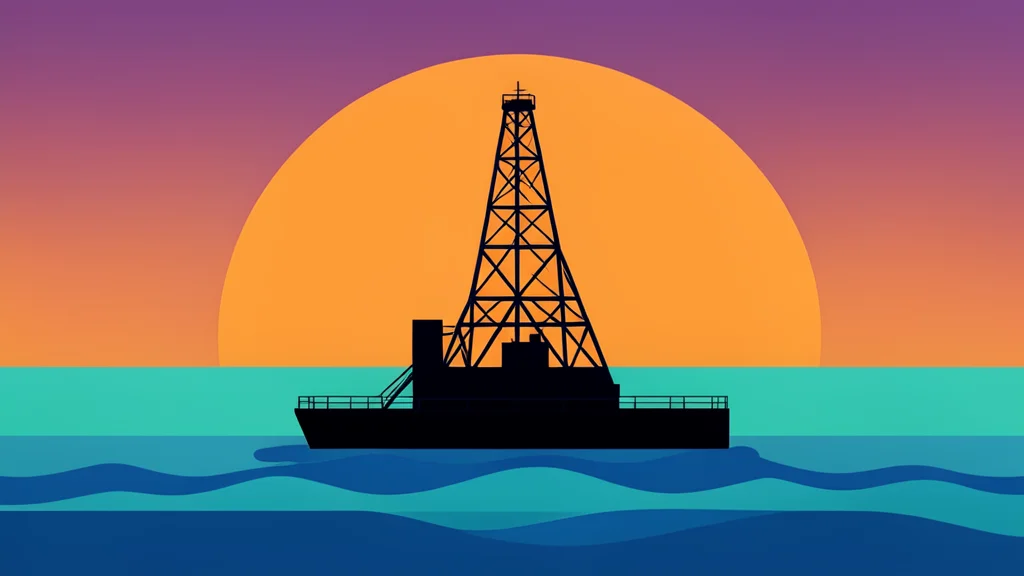 An offshore oil drilling platform standing in the ocean at sunset