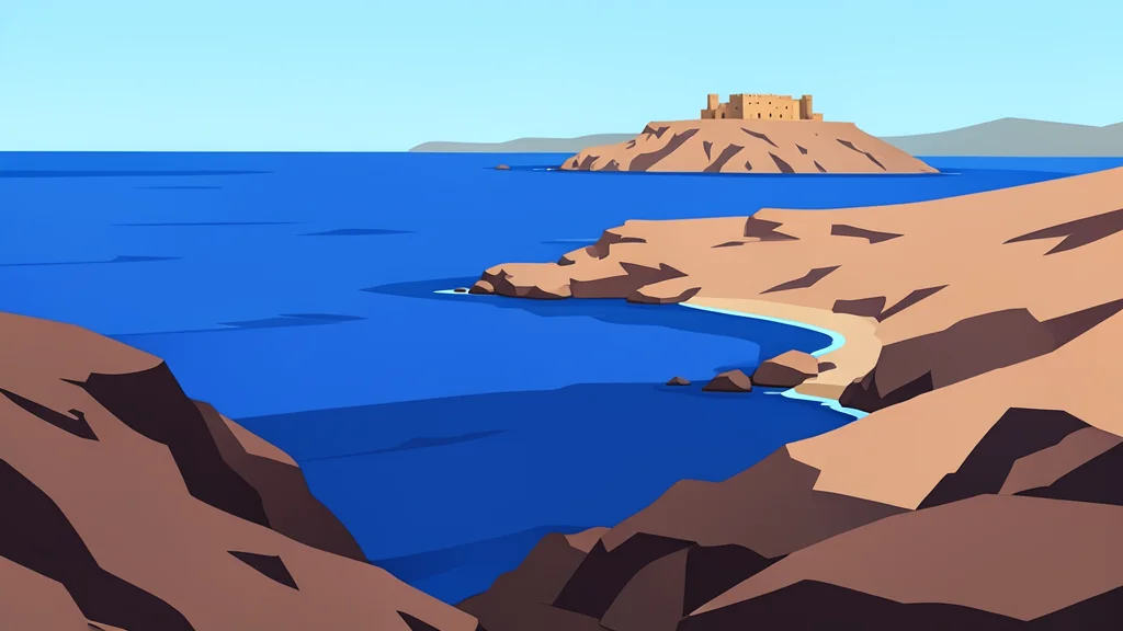 A rugged, arid coastline meeting the deep blue waters of the Red Sea, with a distant view of a fortified hilltop structure.
