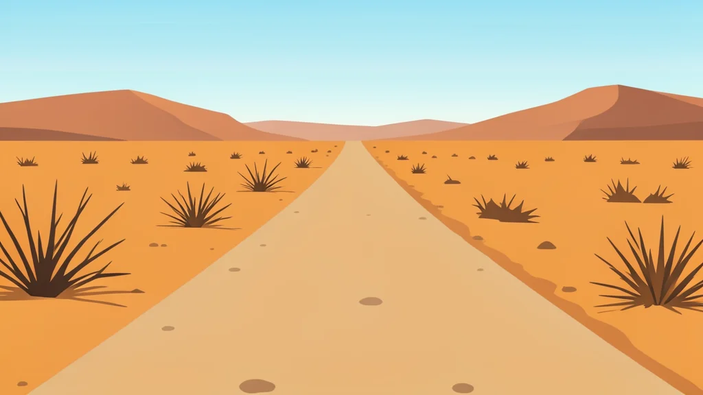 A dusty, unpaved road stretching through an arid, sun-baked landscape with sparse dry vegetation and distant low hills.