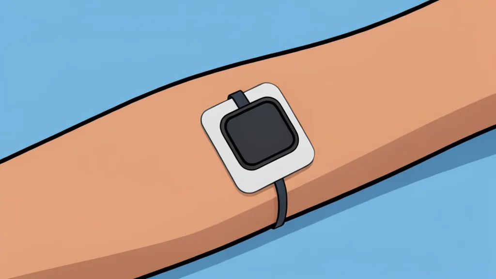 A small, rectangular electronic fitness tracker adhered to the skin of a human upper arm with a medical-grade adhesive patch.