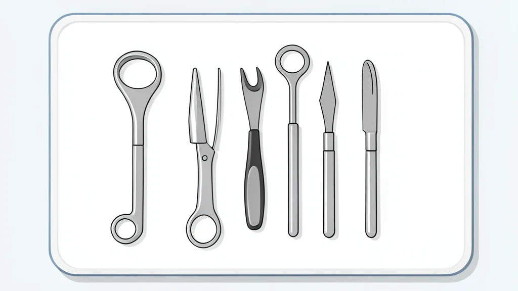A sterile surgical instrument tray with stainless steel tools arranged neatly on a white cloth