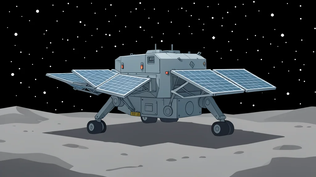 A rugged robotic rover with solar panels traversing a dusty, cratered grey landscape under a black sky