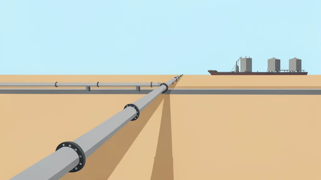 A long pipeline stretching across a vast, arid landscape towards a distant port facility