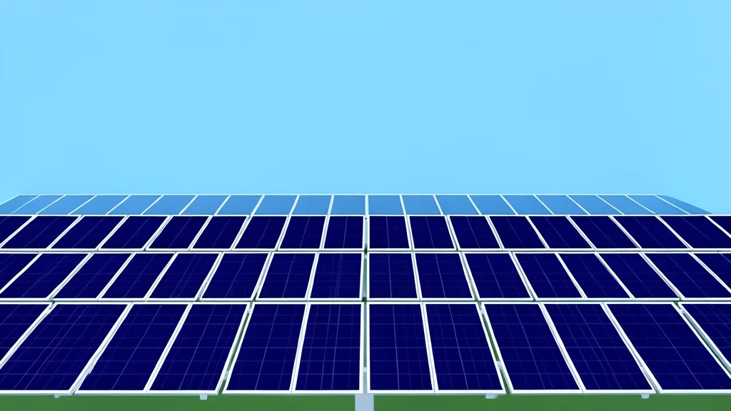 A vast field of solar photovoltaic panels stretching toward a clear blue horizon.