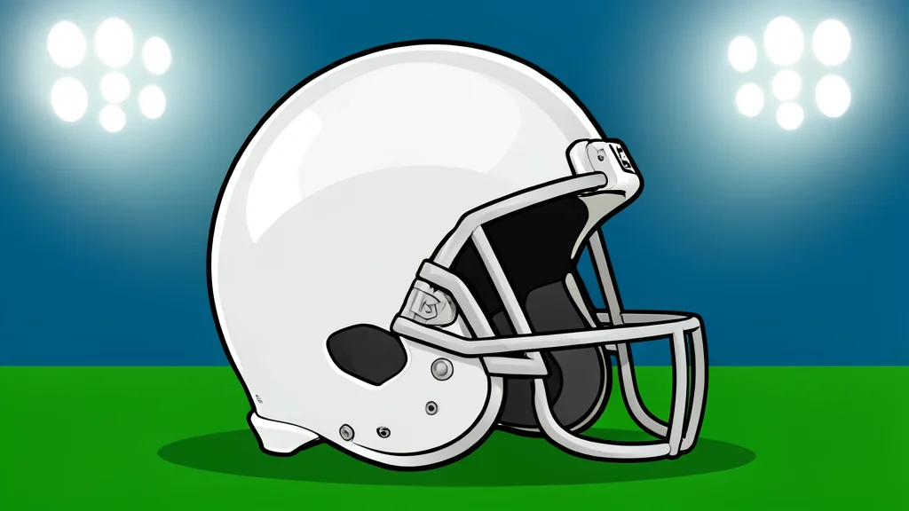 A green football field with white yard lines stretching into the distance under stadium lights