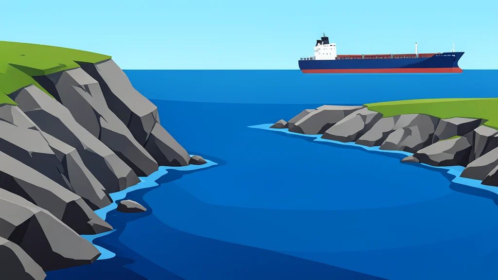 A rocky coastline meeting deep blue water near a narrow strait, with a large cargo ship in the distance