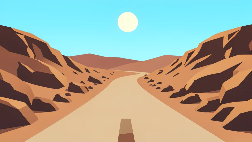 A dusty, unpaved road winding through arid, rocky terrain under a bright sun