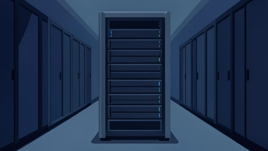 A sleek, modern server rack standing in a dimly lit data center aisle