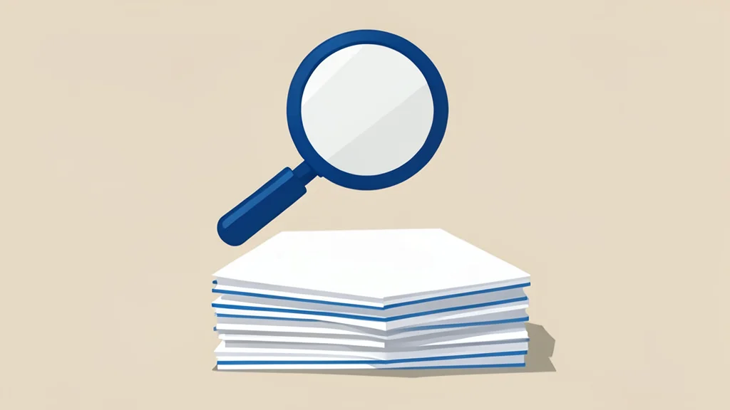 A magnifying glass hovering over a stack of paper files
