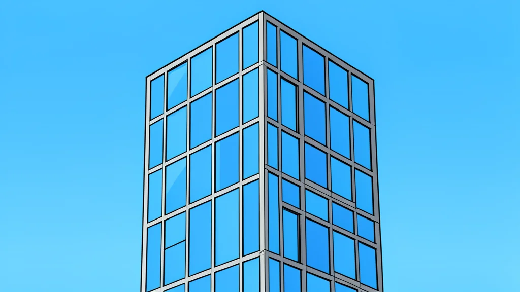 A modern glass skyscraper facade reflecting a clear blue sky.