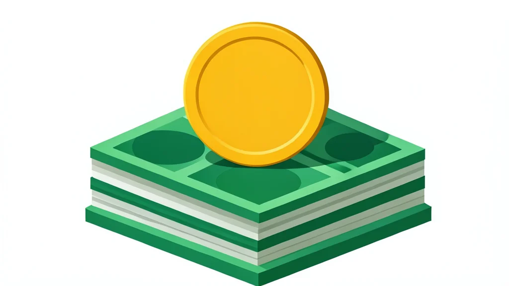 A digital coin resting on a stack of physical currency