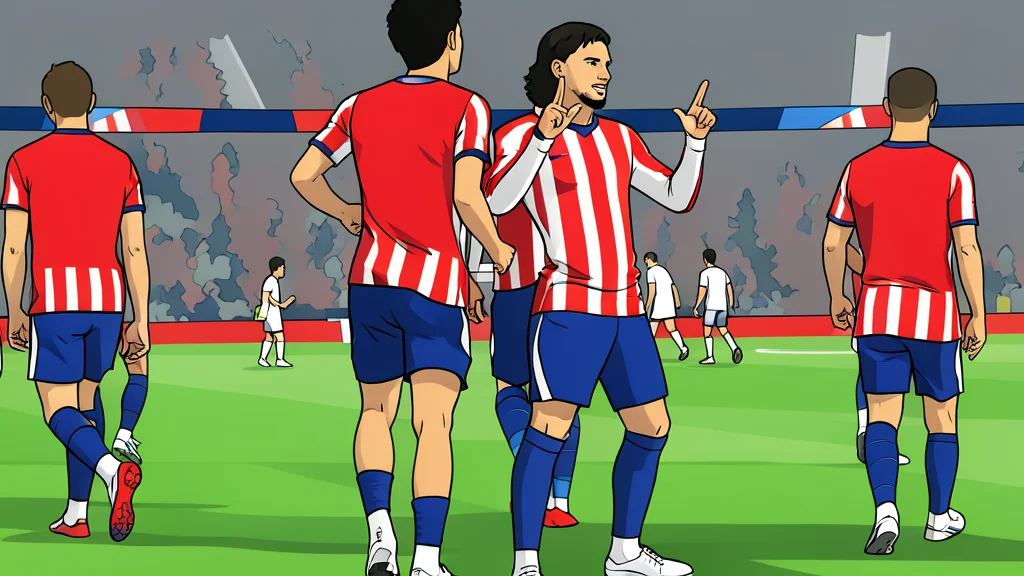 A flat-vector illustration of a green grass football pitch with white boundary lines and a goal net in the background, depicting a sense of motion and victory.